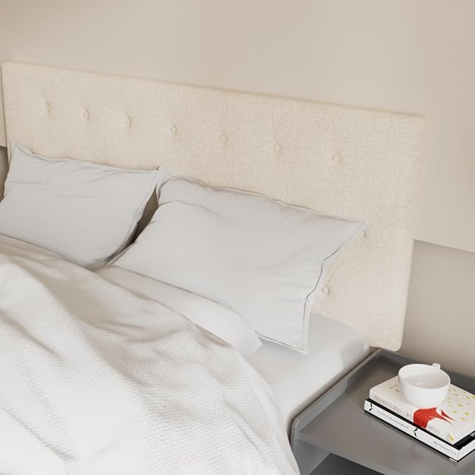 Rosevera Givanna Adjustable Height Headboard with Linen Upholstery and Button Tufting for Bedroom, King, Natural Linen