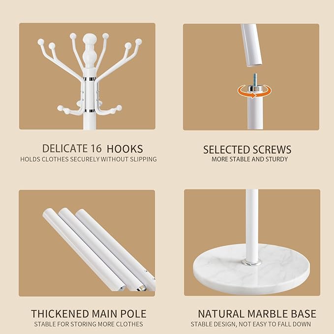 Modern Coat Rack with Natural Marble Base, Metal Freestanding Coat Racks with 16 Hooks, Heavy Duty Coat Rack Stand, Standing Coat Hall Tree Hanger Holder Stand for Entryway,Office