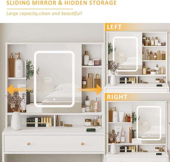 Vabches White Vanity Desk with Mirror and Lights, Vanity Table Makeup Vanity with Lights 3 Drawers and Cabinets, Charging Station & Sliding Door, Lots Storage Shelves