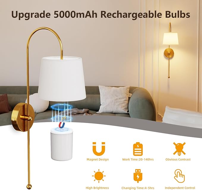 Battery Operated Wall Sconce Set of 2, Rechargeable Wireless Wall Decor Sconces, Two Battery Powered Wall Lights, Dimmable Magnetic RGB Bulbs & Remote, Lamp for Living Room Bedroom - Gold