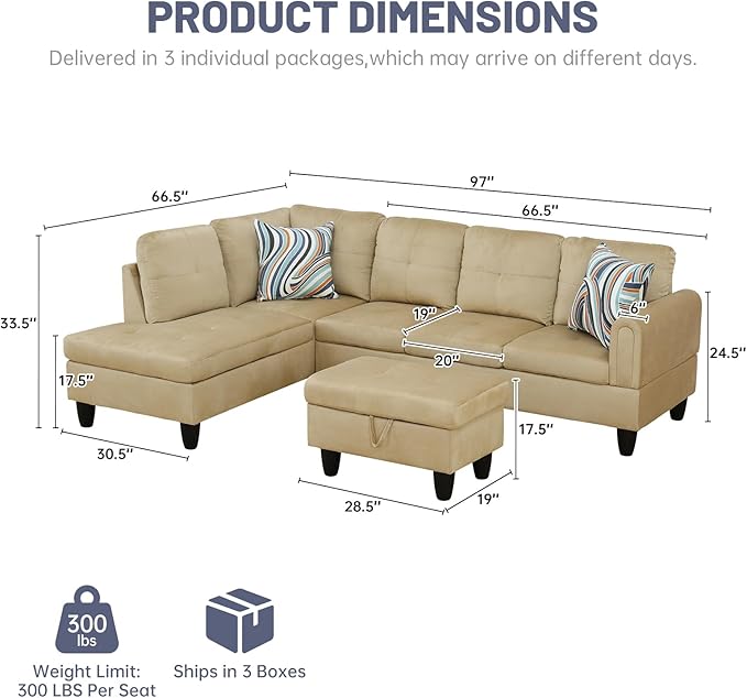 L-Shape 3-Piece Cloud Sofa, Couch for Living Room, Beige Flannel Fabric L-Shape with Reversible Chaise & Storage Ottoman, Ergonomic 110–115° Recline, Solid-Wood Frame