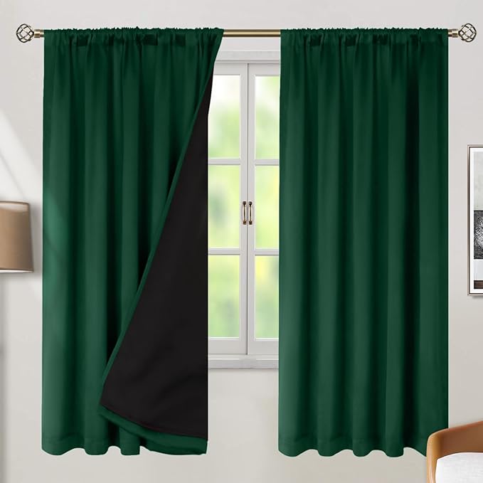 BGment 100% Thermal Insulated Blackout Curtains 72 Inches Long with Liner, Rod Pocket and Back Tab Double Layer Noise Reduce Room Darkening Curtains for Bedroom (52 x 72 Inch, 2 Panels, Emerald)