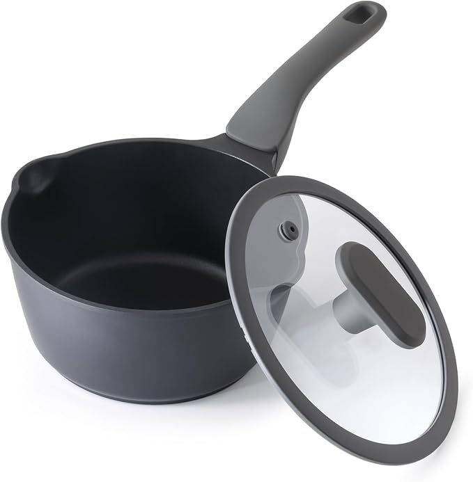 Nonstick Saucepan with Lid, 2 Quart Non Toxic Pot with Pour Spouts, Full Coated, 100% Dishwasher Safe, Induction Compatible & Oven Safe, PTFE & PFOA Free, Black Sesame