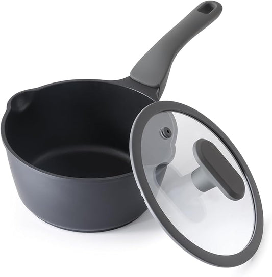 Nonstick Saucepan with Lid, 2 Quart Non Toxic Pot with Pour Spouts, Full Coated, 100% Dishwasher Safe, Induction Compatible & Oven Safe, PTFE & PFOA Free, Black Sesame