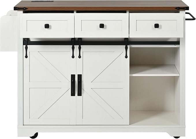 Kitchen Island with Power Outlet & Drop Leaf, 54" Kitchen Rolling Island on Wheels with Spice Rack & Towel Rack, Kitchen Island Cart with Storage, White