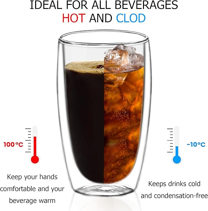Double Wall Glass Coffee Mugs Set of 2, 15oz/440ml Insulated Glass Mugs for Hot Beverages, Large Clear Coffee Cups for Espresso, Tea, Latte, Cappuccino