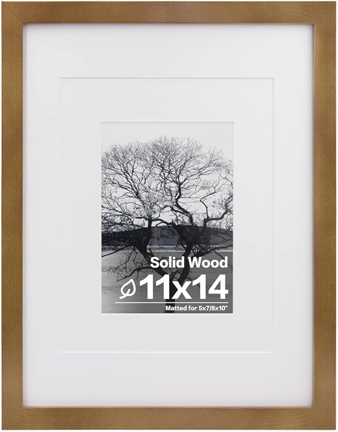 Egofine 11x14 Picture Frame Made of Solid Wood with Plexiglass, Display Pictures 5x7/8x10 with Mat or 11x14 Without Mat, for Table Top and Wall Mounting Photo Frame, Light Brown