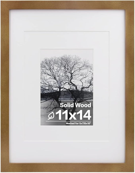 Egofine 11x14 Picture Frame Made of Solid Wood with Plexiglass, Display Pictures 5x7/8x10 with Mat or 11x14 Without Mat, for Table Top and Wall Mounting Photo Frame, Light Brown