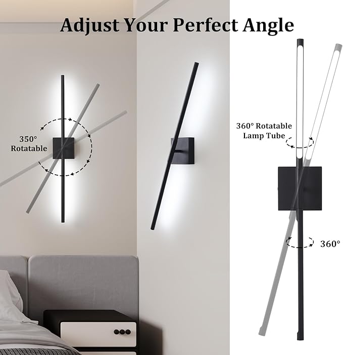 Battery Operated Wall Sconce Set of 2, 10400mAh Rechargeable Wall Lights, 3000K-6000K Dimmable, 350°Rotate, Indoor Wall Sconces with Remote for Bedroom Living Room Bathroom, Black, 31.5 Inch