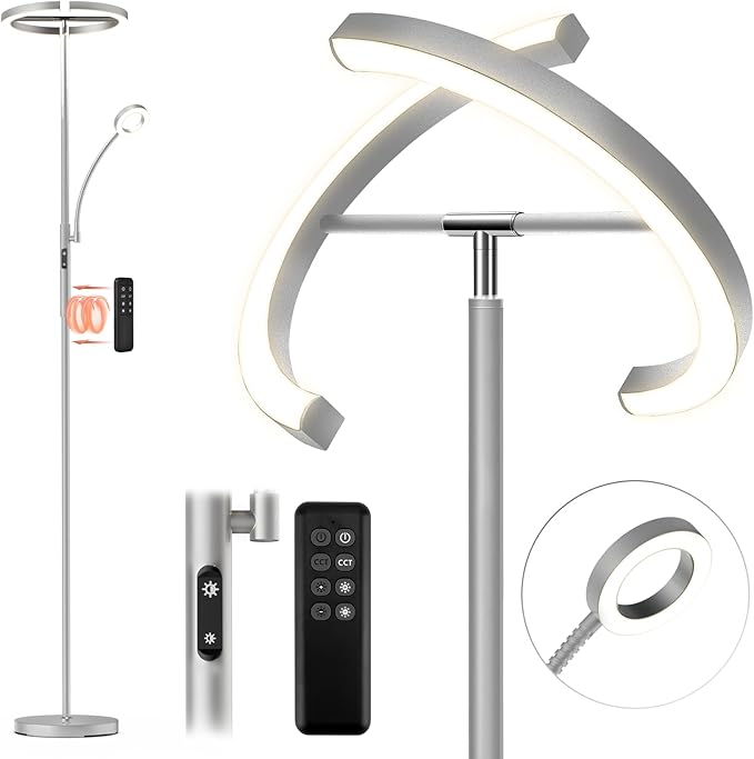 FIMEI Split Floor Lamp Modern LED Rotatable Floor Lamp with Reading Light, Eye-Protection Reading Standing Lamp with Stepless Dimming and 3000K-6000K Color, Separately Rotatable Design, Gray