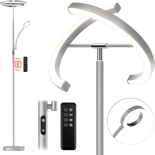 FIMEI Split Floor Lamp Modern LED Rotatable Floor Lamp with Reading Light, Eye-Protection Reading Standing Lamp with Stepless Dimming and 3000K-6000K Color, Separately Rotatable Design, Gray