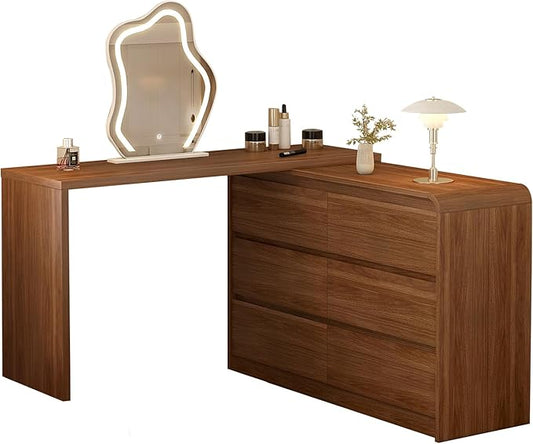 Makeup Vanity Desk with Cloud HD Lighted Mirror, 50-94in Extendable Modern Vanity Table Set with Chair, 6-Drawer Storage Cabinet with Rounded Corners (Vanity1)