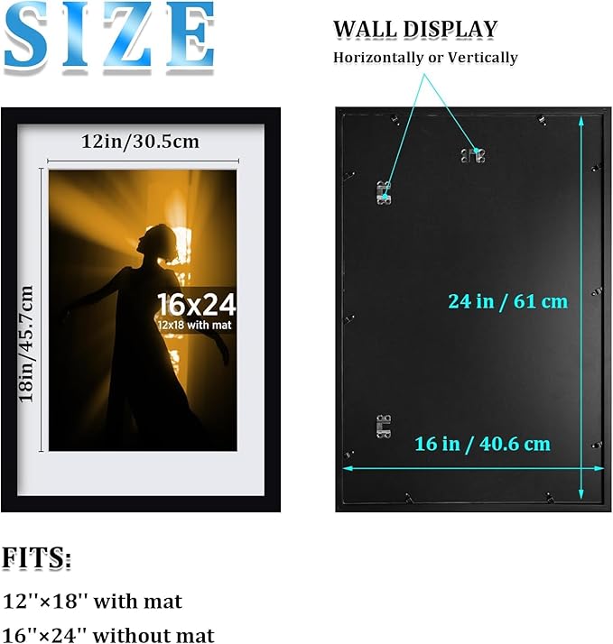 Egofine 16x24 Solid Wood Picture Frame, Made of Solid Wood Covered by Plexiglass 12x18 with Mat 16x24 without Mat, Poster Frame for Wall Mounting Hanging Photo Frame Vertically or Horizontally, Black