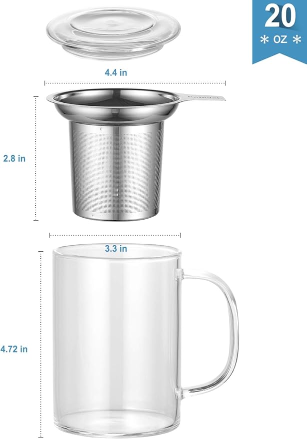 3020.05 Glass Tea Mug with Infuser and Lid, Tea Cup, Clear, 20 OZ, GM005