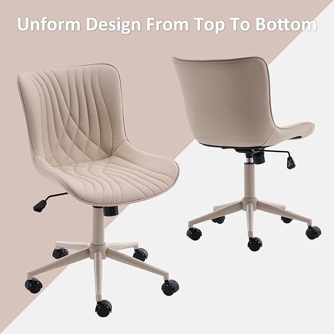YOUTASTE All Cream Office Chair, Modern Armless Desk Chair with Back, Adjustable Swivel Rolling Faux Leather Task Chair with Wheels Metal Base for Home Office, Study, or Vanity