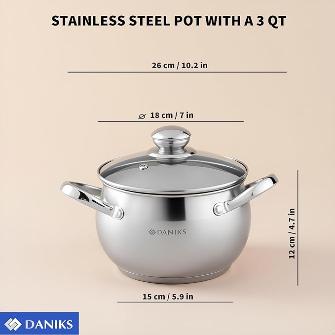 Daniks Classic Stainless Steel Stock Pot with Glass Lid – Induction 3 Quart, Dishwasher Safe, Measuring Scale, For Soup, Pasta, Stew, Silver