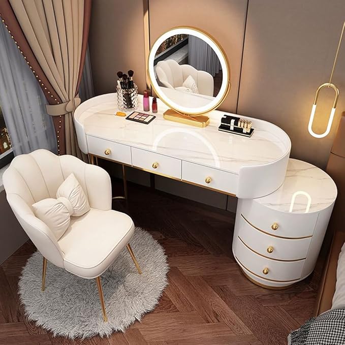 KWOKING Contemporary Make-up Vanity with Slate Stone Top & Storage Drawers Bedroom Dressing Table Storage Cabinet Integrated Table White - Makeup Vanity & Mirror & Petal Chair 47" L x 16" W x 31" H