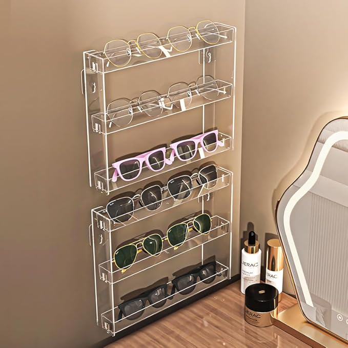 3 Layers Makeup Organizer Wall Mounted, Acrylic Invisible Floating Shelves with Anti-Slip Adhesive Backing, Sunglasses Display Rack, Nail Polish Storage, Clear (2 Pack)