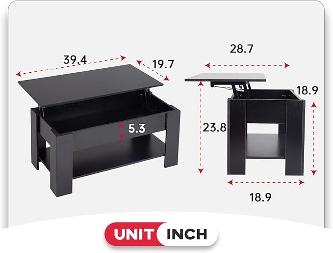 FDW 39.4" Lift Top Coffee Table with Hidden Compartment and Storage Shelf Wooden Lift Tabletop for Home Living Room Reception Room Office (Black)