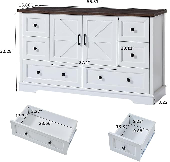LIDYUK 6 Drawer White Dresser for Bedroom Farmhouse Dresser Chest of Drawers, 55" Wide Clothes Organizer with Storage Cabinet Wood Chest of Drawers for Bedroom, Living Room