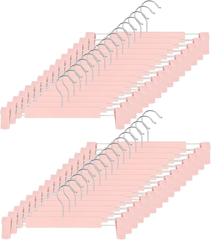 Clothes Pants Hangers, Space-Saving Skirt Holders with 360 ° Swivel Hooks, Adjustable Clips, Trouser Hangers, Clothes Coat Garment Jeans Hangers (30 Pack, Pink)