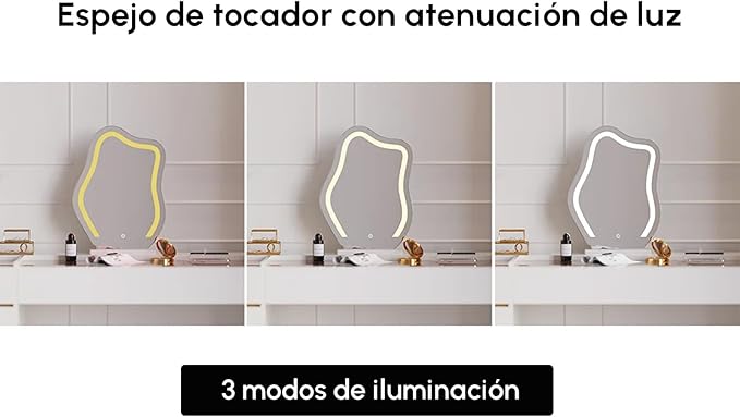 homary Vanity Desk Set with LED Mirror, Makeup Vanity with Power Outlet and Tempered Glass Top, Makeup Table with 6 Drawers, 3 Lighting Modes Vanity Table with Chair for Bedroom (White)