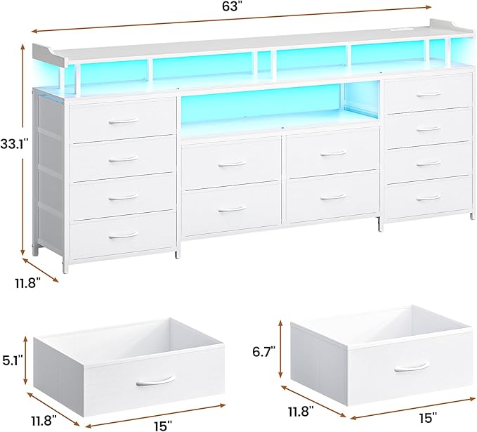 12 Drawers TV Stand Dresser for 65/70 inch TV, Entertainment Center with LED Lights & Power Outlets, 63" Large LED TV Stand, TV Console for Bedroom