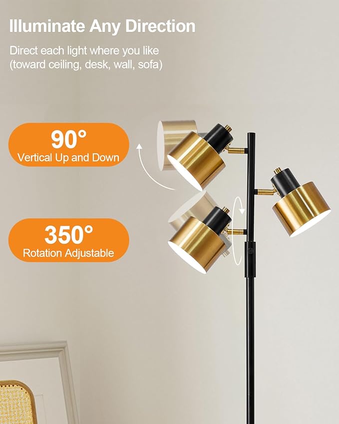 OYEARS Floor Lamp for Living Room Bright Lighting Tall Modern Industrial Vintage Standing Corner Lamps LED Metal Light Office Bedroom Study Gold Black Cream Matte Accent (3-Light, Gold)