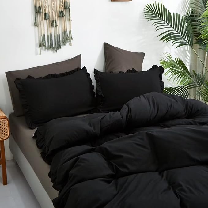 CLOTHKNOW Black Ruffles California King Comforter Set Farmhouse Bedding Comforter Sets Boho Comforter Shabby Chic Comforter with 2 x Pillow Cases