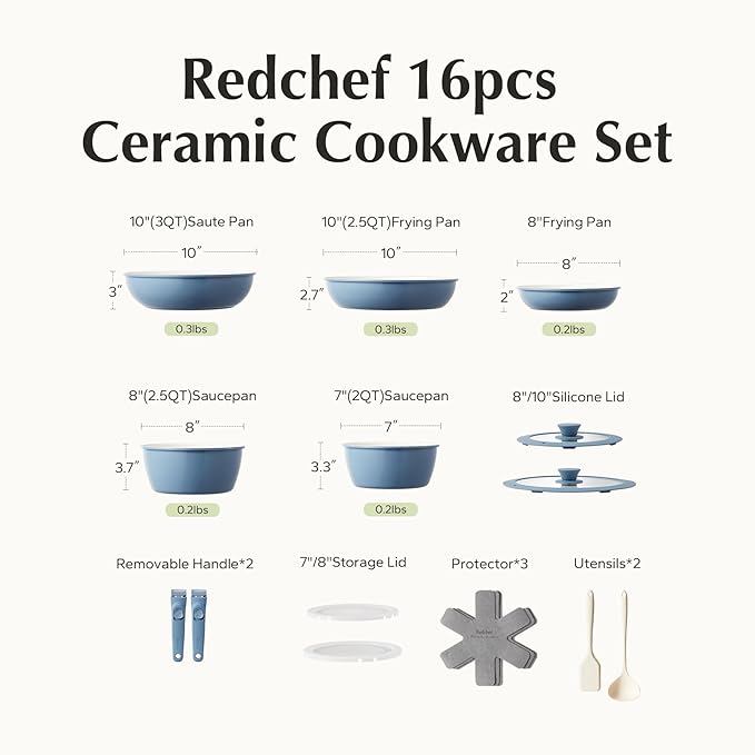 Redchef 16pcs Ceramic Nonstick Pots and Pans Set, Kitchen Cookware Set with Removable Handle, Non Toxic Cookware Set, PFAS PFOA & PTFE Free, RV Ceramic Cookware for Camping, Dishwasher/Oven Safe