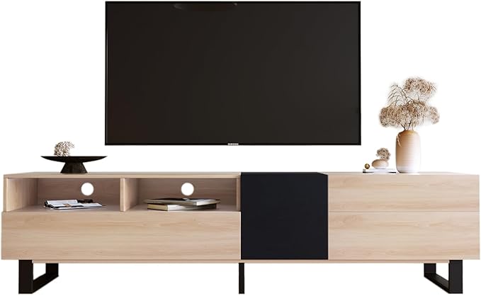 Merax Modern TV Entertainment Center with Cabinets, Drawers & Open Shelves, Wood TV Stand for TVs Up to 80” for Living Room Bedroom (Natural & Black)