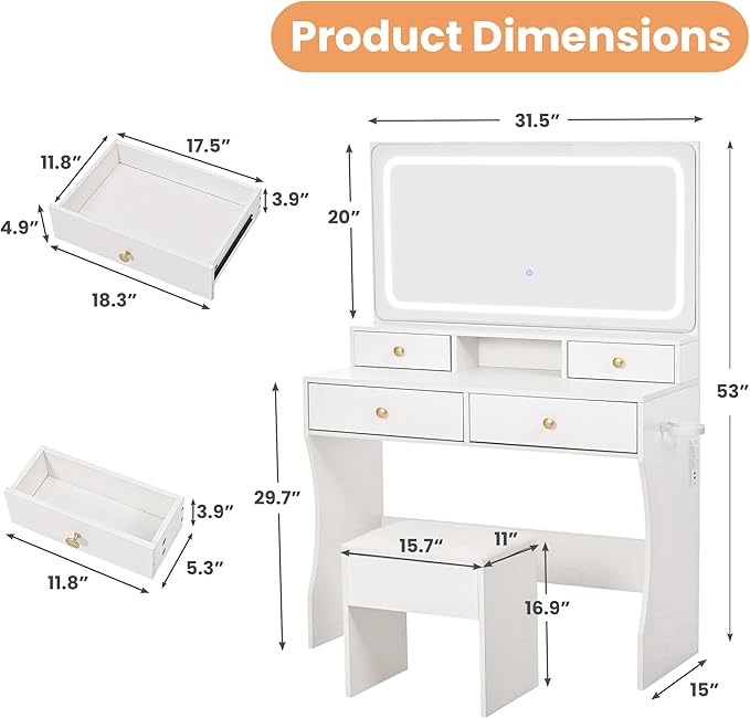 Pamapic Vanity Desk with Mirror and Lights,4 Drawers Golden Handles Makeup Vanity with Storage Stool,Power Outlet,3 Lighting Modes,Silent Slides