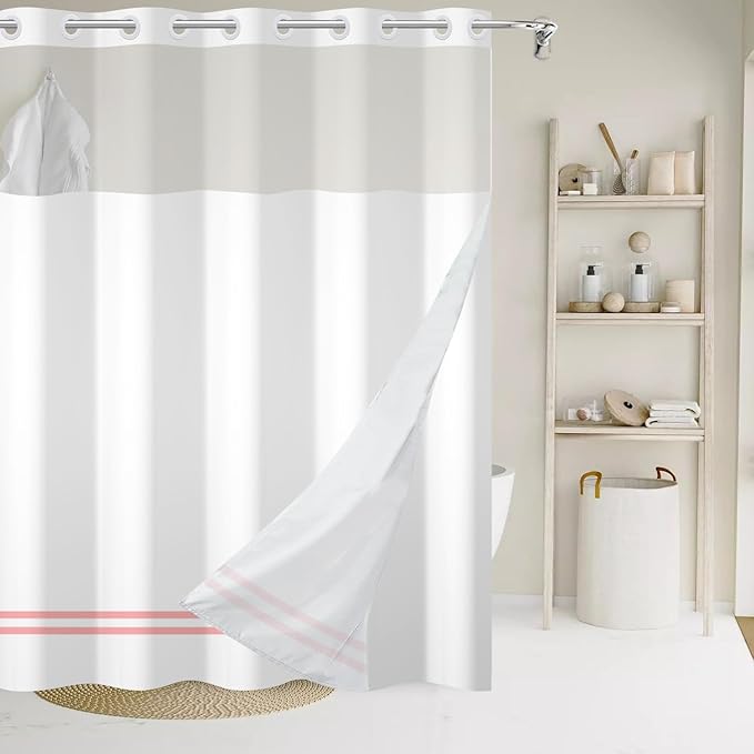 No Hook Shower Curtain with Snap in Liner, White and Pink Striped Heavy Duty See Through Window Waterproof Machine Washable Bathroom Curtain 71" W x 74" L