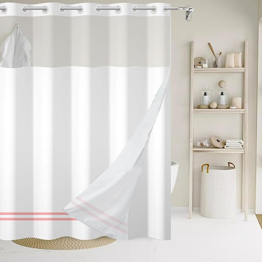No Hook Shower Curtain with Snap in Liner, White and Pink Striped Heavy Duty See Through Window Waterproof Machine Washable Bathroom Curtain 71" W x 74" L