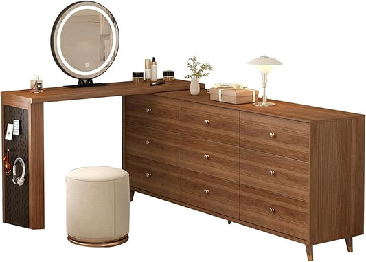 Makeup Vanity Desk Set with Full Aluminum HD Lighted Mirror and Stool, 70-110in Extendable Modern Vanity Table, 9-Drawer Solid Wood Frame Chest, Dressing Table for Bedroom, Brown