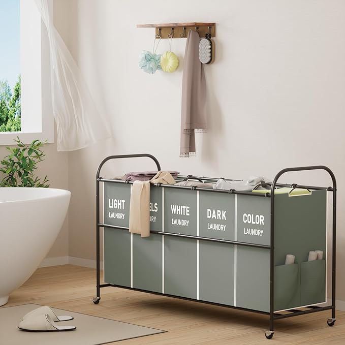 5-Section Laundry Sorter Cart, Large Laundry Hamper with Lockable Rolling Wheels, Versatile Storage Organizer with Removable Bags for Dirty Clothes, Gray