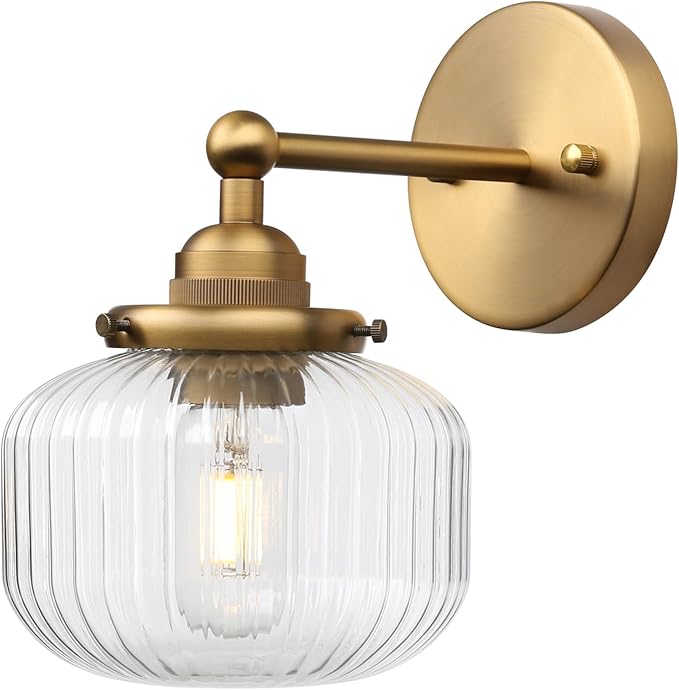 Yosoan Brass 1-Light Indoor Modern Wall Sconce, Vanity Boho Modern Gold Single Vintage Industrial Wall Mount Fixture with Striped Glass Shade for Bathroom Kitchen Mirror Bedroom Dinning Room(Antique)