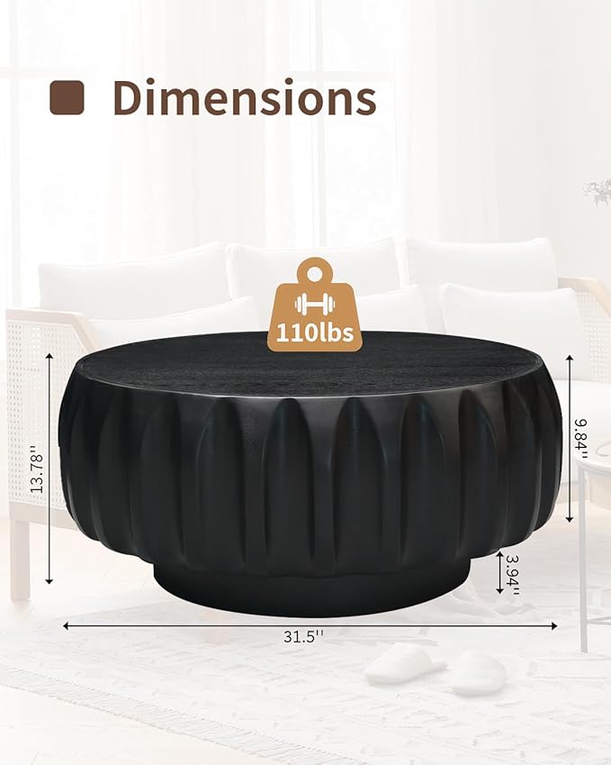 31.5" Drum Coffee Table Modern Unique Fluted Tea Table Contemporary Wood Round Coffee Table with Fluted Centry Table for Living Room Black