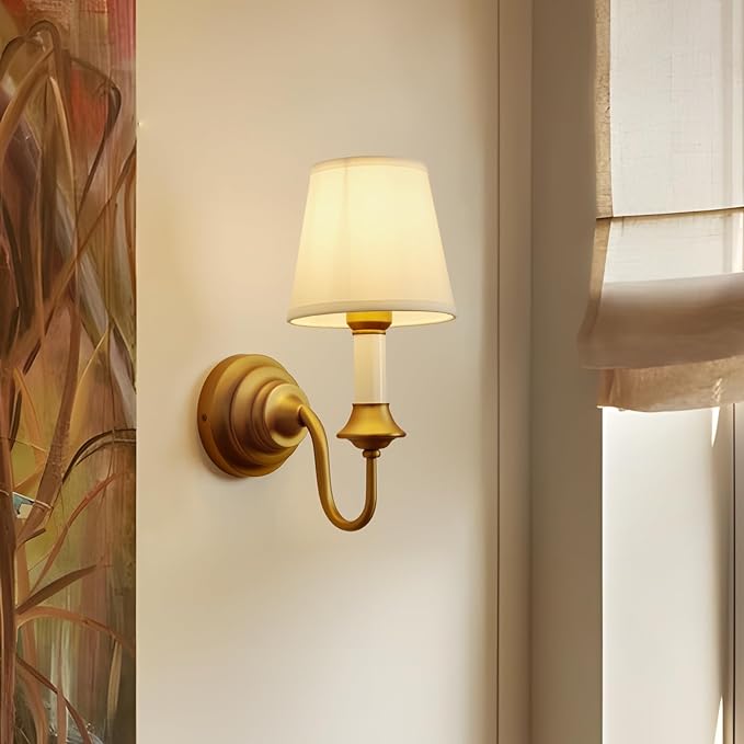 Vintage Fabric Wall Sconce Light with Curved Arm, Rustic Linen Cloth Wall Light Fixtures, Hardwired Brass Wall Mounted Lamp for Bathroom Vanity Bedroom Living Room