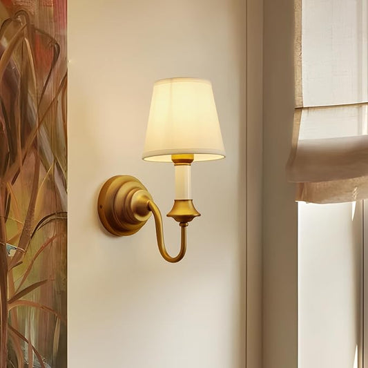 Vintage Fabric Wall Sconce Light with Curved Arm, Rustic Linen Cloth Wall Light Fixtures, Hardwired Brass Wall Mounted Lamp for Bathroom Vanity Bedroom Living Room