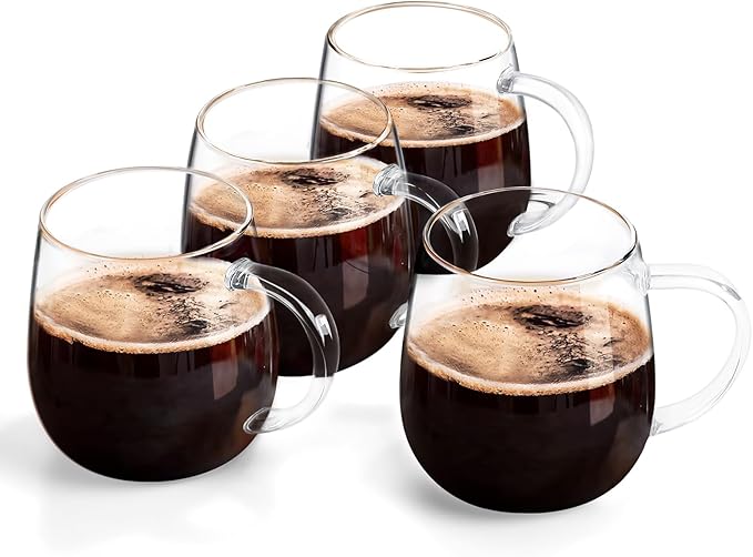 Coffee Cup Set of 4, high borosilicate glass cups, clear glass coffee cups, large glassware set, 16 ounce glass cups with handles, can also be given as gifts