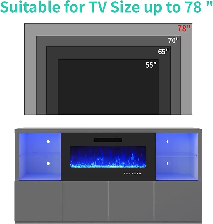 68" Modern Fireplace TV Stand for TVs up to 75", High Gloss Entertainment Center with 40" Fireplace, 4 Shelves & Storage Cabinets, Media Console Table,Grey