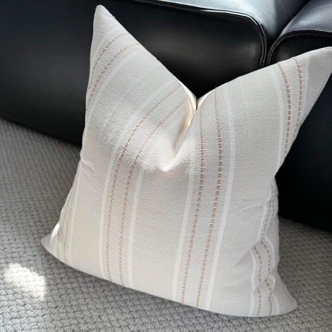 Hckot Hand Made Decorative Khaki Pillow Covers 18x18 Striped Throw Pillows Textured Linen Pillow Covers Farmhouse Decor Cushion Covers for Couch Bed Living Room, Khaki