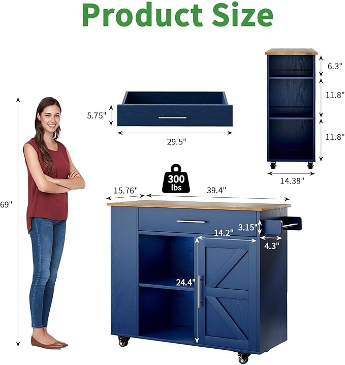 4 EVER WINNER Kitchen Island Cart with Storage, Island Table for Kitchen with Spice Rack & Towel Rack, Cabinet & Drawer, Rolling Microwave Cart with Open Shelves, Blue