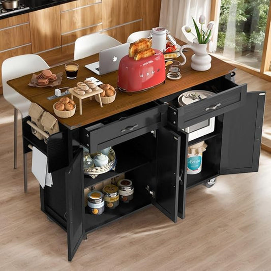 Farmhouse Roling Kitchen Island Cart with Drop Leaf Breakfast Bar with Power Outlet, Storage Island Table on Wheels with Drawers, Spice Rack(Black)