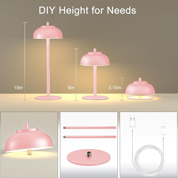 Pink Table Lamp Set of 2 Rechargeable,Table Lights Battery Operated-IP65 Waterproof-for Outdoor Patio/Restaurants/Home/Dinner/Table Lighting-Touch Control & Dimmable