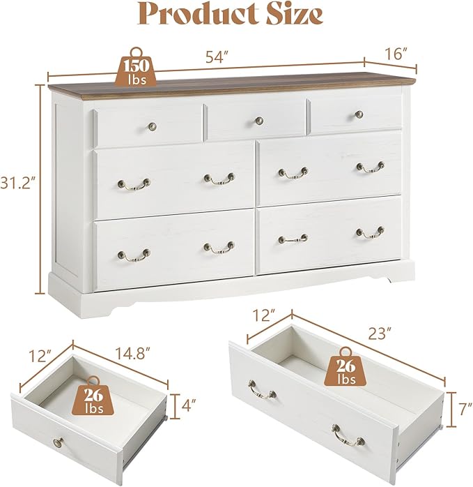 AMERLIFE 7 Drawers Dresser for Bedroom, Farmhouse Chest of Drawers with Vintage Metal Handle, Wooden Dresser Organizer for Hallway, White+Barnwood