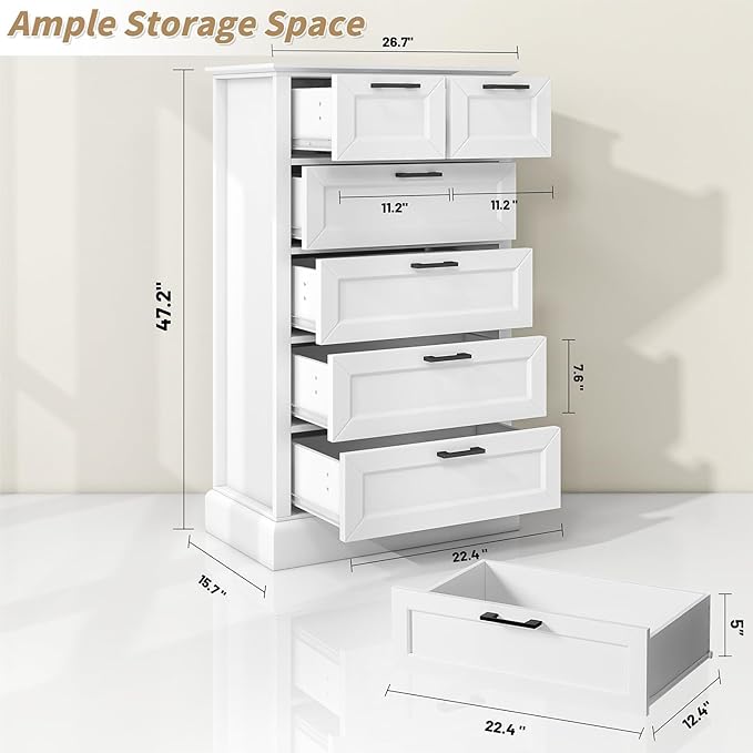 White 6 Drawer Dresser, 47'' Tall Modern Vertical Chest of Drawers with Painted Wood, Storage Dressers for Bedroom, Living Room, Hallway, Entryway, White