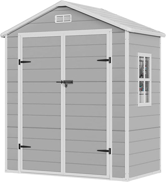 CDCASA 6x3 FT Resin Storage Shed, Waterproof Outdoor Storage Sheds with Floor & Window & Double Lockable Doors, Tool Shed for Garden, Patio, Backyard, Light Grey