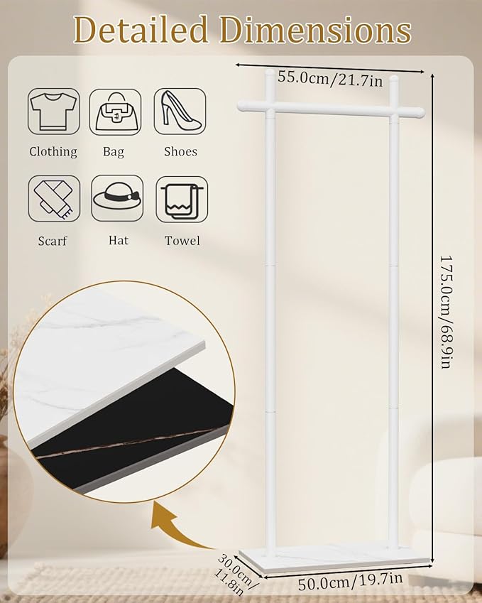 Coat Rack Freestanding with Natural Rock Base, Metal Coat Hanger Stand, Industrial Garment Rack, Clothes Tree, Suitable For Outerwear, Hats, Handbags, 68.9in, White